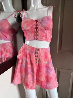 Pink Tie-Dye A-Line Mini Skirt and crop top
